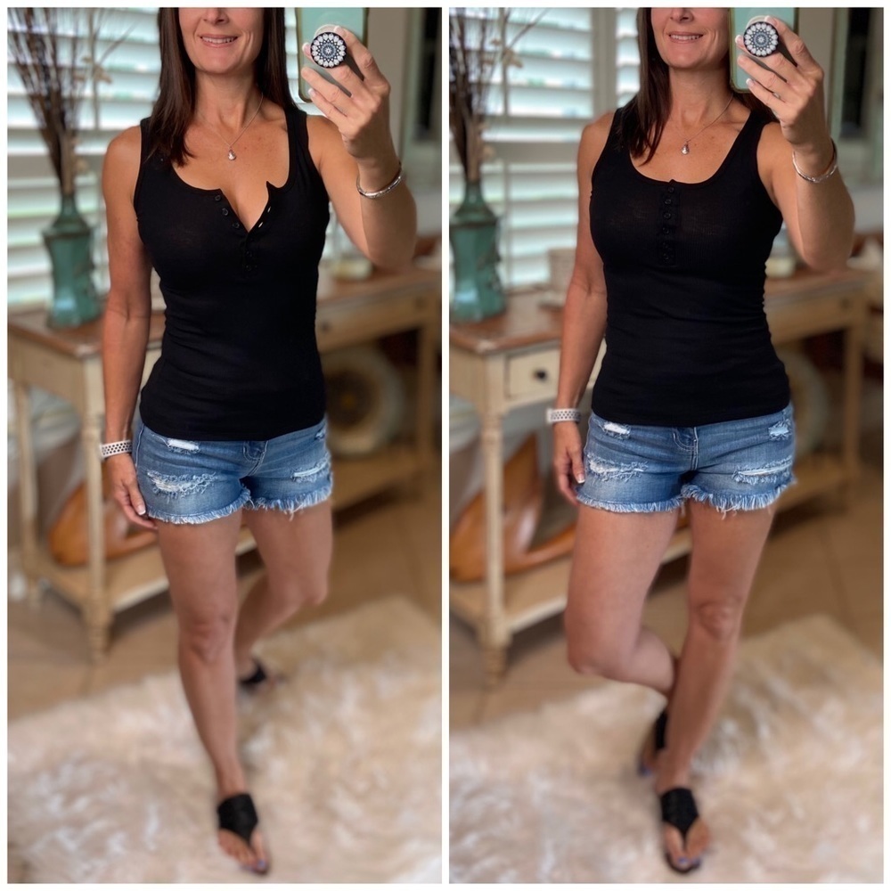 Ribbed Henley Button Scoop Neck Summer Tank Top Black 0423